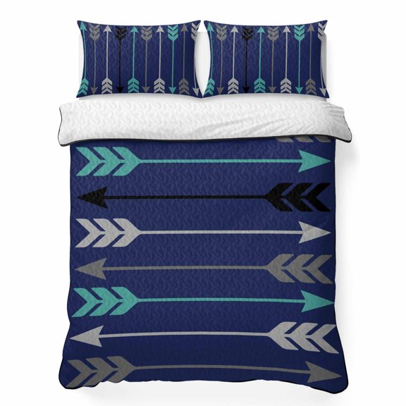Retro Arrows Twin Quilt Bedding Set, Green Black Gray Arrows Blue Background Lightweight Comforter with 2 Pillow Shams Bedroom Bedspread Set Home Decor for All Seasons
