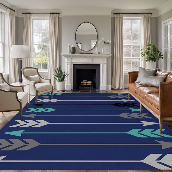Retro Arrows Washable Living Room Rugs 6'x9', Green Black Gray Arrows Blue Background Low Pile Throw Large Area Rug Non-Slip Sturdy Edge Binding Carpet for Dining Room Kitchen Office