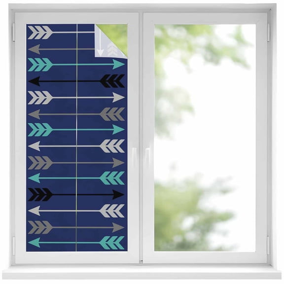 Retro Arrows Window Privacy Film, Green Black Gray Arrows Blue Background Frosted Glass Window Clings Static Cling UV Heat Blocking Reusable Door Sticker for Bathroom 17.7 x 39.3 Inch