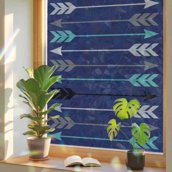Retro Arrows Window Privacy Film, Green Black Gray Arrows Blue Background Stained Glass Rainbow Film Decorative Window Clings, Static Cling Sun Blocking Stickers 23.6" x 59"