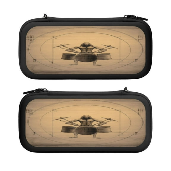 Retro Art Drum (2), Carrying Case For Nintendo Switch & OLED Version, Eva Lightweight Shockproof Protective Pouch Case for Game Console & Accessories with 10 Game Card Slot & Wristband, Black