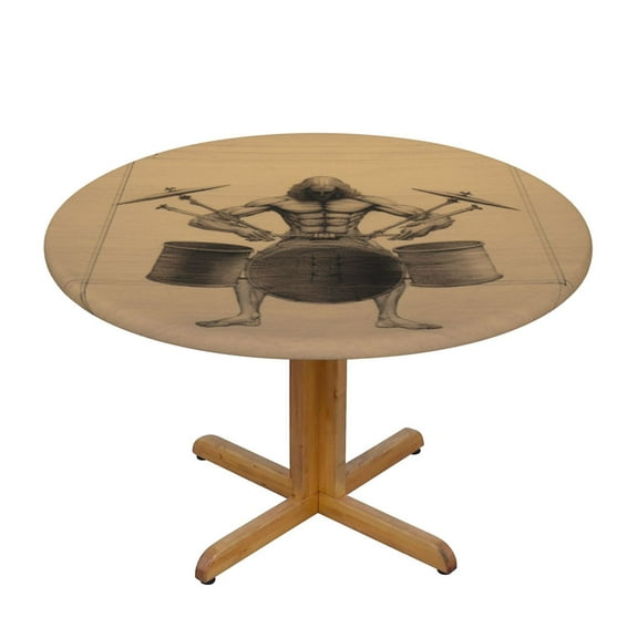 Retro Art Drum (2) Round Fitted Tablecloths Table Covers Wipeable Waterproof Elastic for Kitchen Dinning Parties Wedding Picnic Small Fits 40-44 Inch Table Size