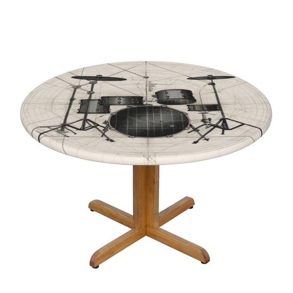 Retro Art Drum (5) Round Fitted Tablecloths Table Covers Wipeable Waterproof Elastic for Kitchen Dinning Parties Wedding Picnic Small Fits 40-44 Inch Table Size