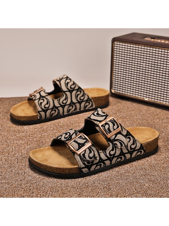 Retro Art Pattern Cork Slide Sandals Natural Cork Massage Insole Lightweight Daily Walking Trainers