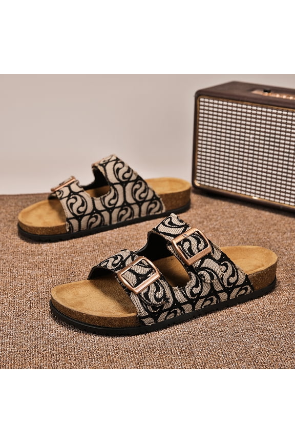 Retro Art Pattern Cork Slide Sandals Natural Cork Massage Insole Lightweight Daily Walking Trainers