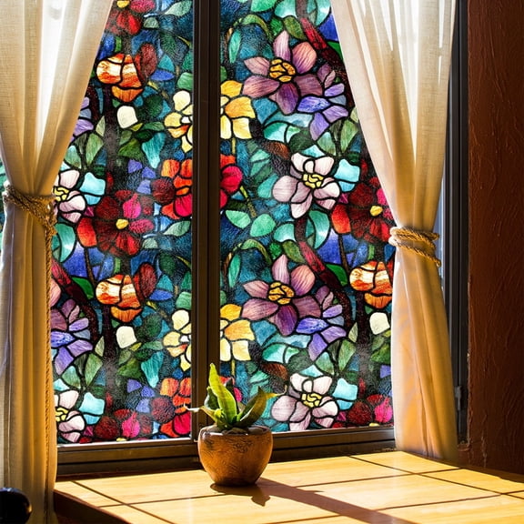 Retro Art Stone Pattern Window Film, Static Cling Privacy Window Decal, Easy Install & Soft Light, Fits for Window Decoration in Homes, Offices, Commercial Spaces (17x39.3 In),RED