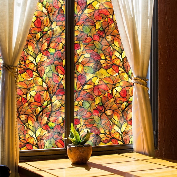 Retro Art Stone Pattern Window Film, Static Cling Privacy Window Decal, Easy Install & Soft Light, Fits for Window Decoration in Homes, Offices, Commercial Spaces (17x39.3 In),ORANGE