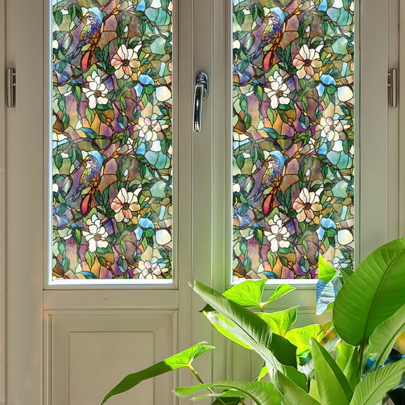 Retro Art Stone Pattern Window Film, Static Cling Privacy Window Decal, Easy Install & Soft Light, Fits for Window Decoration in Homes, Offices, Commercial Spaces (17x39.3 In),GREEN