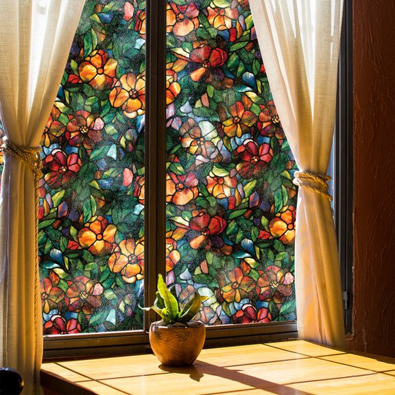 Retro Art Stone Pattern Window Film, Static Cling Privacy Window Decal, Easy Install & Soft Light, Fits for Window Decoration in Homes, Offices, Commercial Spaces (17x39.3 In),ORANGE