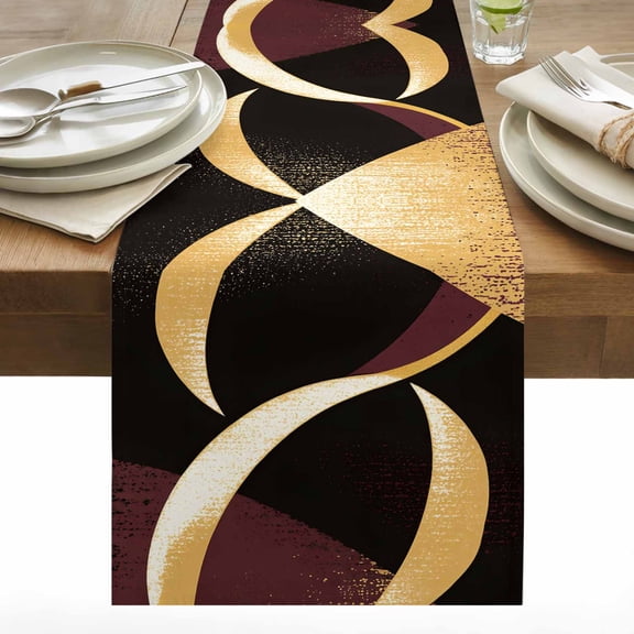 Retro Art Table Runner 13x36 inch Abstract Gold Dark Red Shape Graffiti Cotton Linen Dining Table Runner Ideal for Dresser Kitchen Coffee Tables - Machine Washable