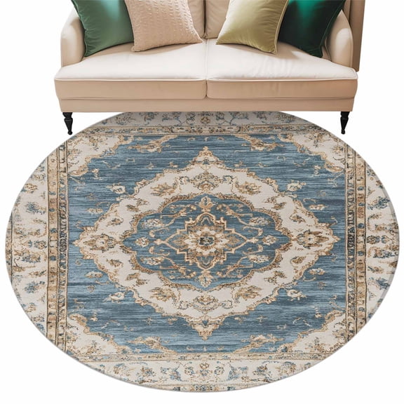 Retro Art Washable Round Area Rug 5 ft, Brown Blue National Art Bohemia Style Abstract , Soft Non Slip Rugs Stain Repellent Indoor Felt Carpet for Living Dining Room Bedroom Home Office