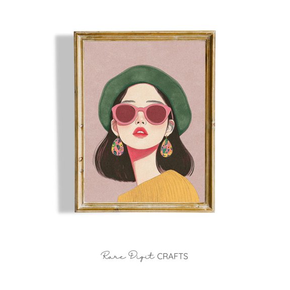 Retro Asian Girl Poster, French Beret Fashion Illustration Home Decor UNFRAMED Poster, Wall Art for Decor, Present, 8x12
