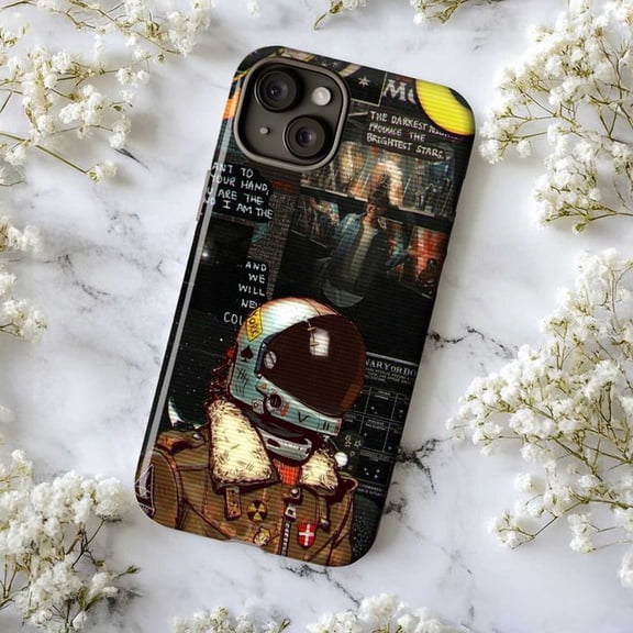 Retro Astronaut Grunge Phone Case, Cyberpunk Space Helmet Jacket Art Cover for iPhone 17 16 15 14 13 12 11 Pro Max Plus Mini