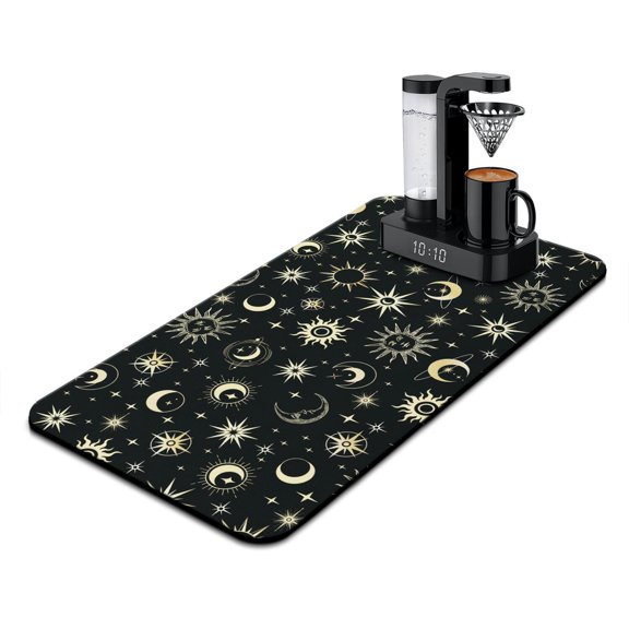 Retro Astronomical Print Coffee Maker Mat - Solar and Lunar Eclipse Absorbent Mat - Non-Slip Coffee Bar Mat for Home Baristas - Mystical Moon Theme