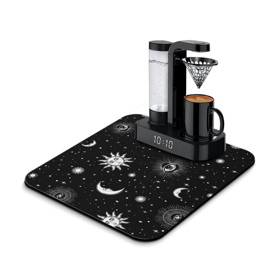 Retro Astronomical Print Coffee Maker Mat - Solar and Lunar Eclipse Absorbent Mat - Non-Slip Coffee Bar Mat for Home Baristas - Mystical Moon Theme