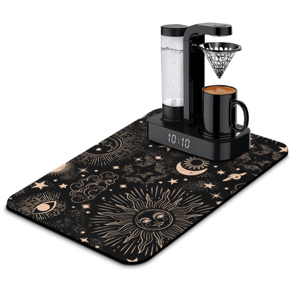 Retro Astronomical Print Coffee Maker Mat - Solar and Lunar Eclipse Absorbent Mat - Non-Slip Coffee Bar Mat for Home Baristas - Mystical Moon Theme