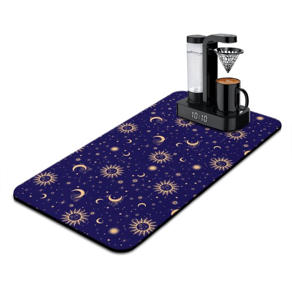 Retro Astronomical Print Coffee Maker Mat - Solar and Lunar Eclipse Absorbent Mat - Non-Slip Coffee Bar Mat for Home Baristas - Mystical Moon Theme