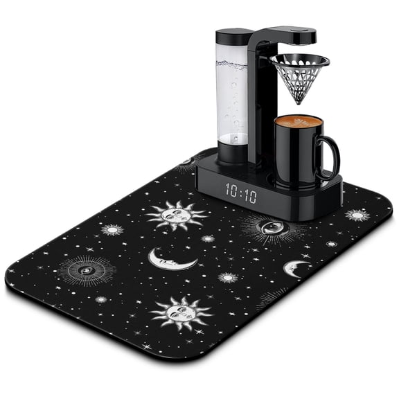 Retro Astronomical Print Coffee Maker Mat - Solar and Lunar Eclipse Absorbent Mat - Non-Slip Coffee Bar Mat for Home Baristas - Mystical Moon Theme