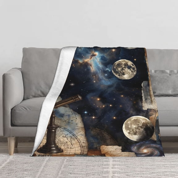 Retro Astronomy Collage Flannel Throw Blanket, Antique Telescope Old Star Chart Full Moon Nebula Deep Space Print Soft Cozy Lightweight Blanket for Sofa Bed