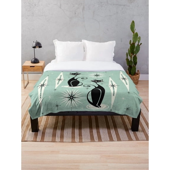 Retro Atomic Black Cat Sherpa Throw Blanket, Mint Green Starburst Cat Fleece Blanket, Cozy 2 Layer Polyester Fleece, Multiple Sizes