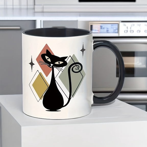 [Retro Atomic Cat Mug] 11oz Retro Atomic Cat Ceramic Coffee Mug - Vintage Style Tea Cup for Home and Office Use - Glossy Finish