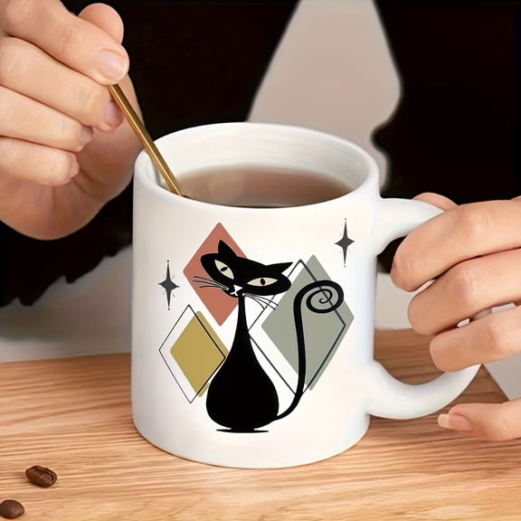 [Retro Atomic Cat Mug] 11oz Retro Atomic Cat Ceramic Coffee Mug - Vintage Style Tea Cup for Home and Office Use - Glossy Finish