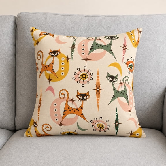 Retro Atomic Cat Throw Pillow Cover | Mid-Century Modern Starburst Design | Available in 18x18, 20x20, 24x24 Inch