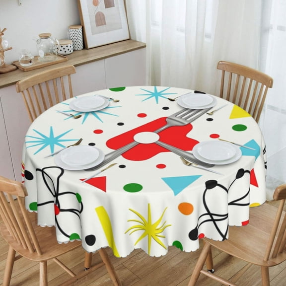 Retro Atomic Mid Century Shapes Round Tablecloth Waterproof Oil Proof Spill Proof Table Cloth 70" for Camping, Dining, Indoor and Outdoor Table Cover