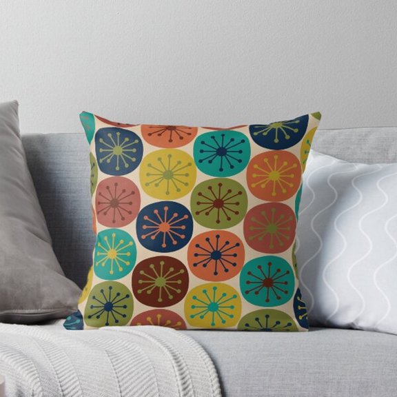 Retro Atomic Starburst Circles in Teal, Mustard and Orange Square Pillow Case, 100% Polyester Velvet