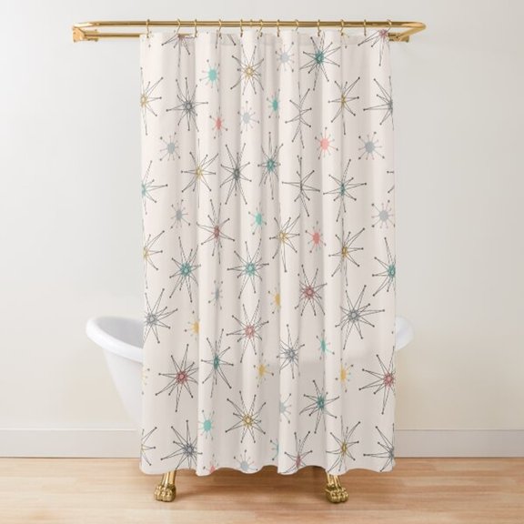 Retro Atomic Starburst Shower Curtain, Ivory White, Charcoal Gray, Teal and Pink, 100% Polyester, Bathroom Decor