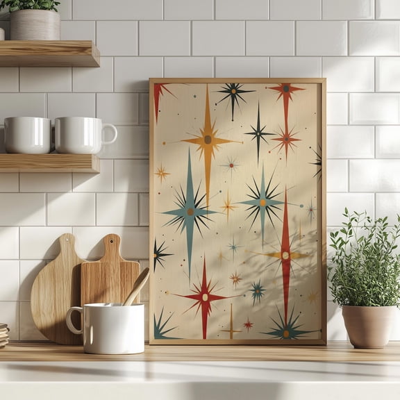 Retro Atomic Starburst Wall Art Mid Century Geometric Decor, Stretched Canvas Size 12x18