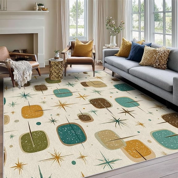 Retro Atomic Throw Rugs for Entryway, Mid Century Modern 50s 60s Geometric Home Decor Indoor Door Mat for Kitchen Bedroom Entrance, Washable Retro Atomic Area Rugs, Non-Slip Backing 3 x 5ft