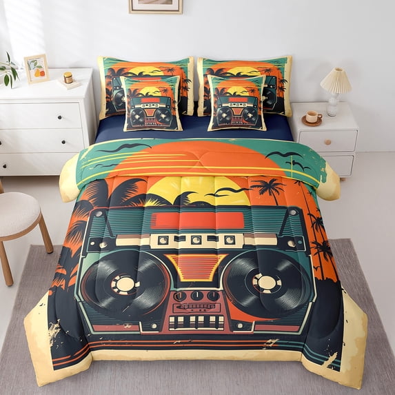 Retro Audio 7 Pcs Comforter Set King Size,Music Player Bedding,Cartoon Record Hawaiin Summer Sheet Set Bed In A Bag Vintage Musical Tape Bed Set