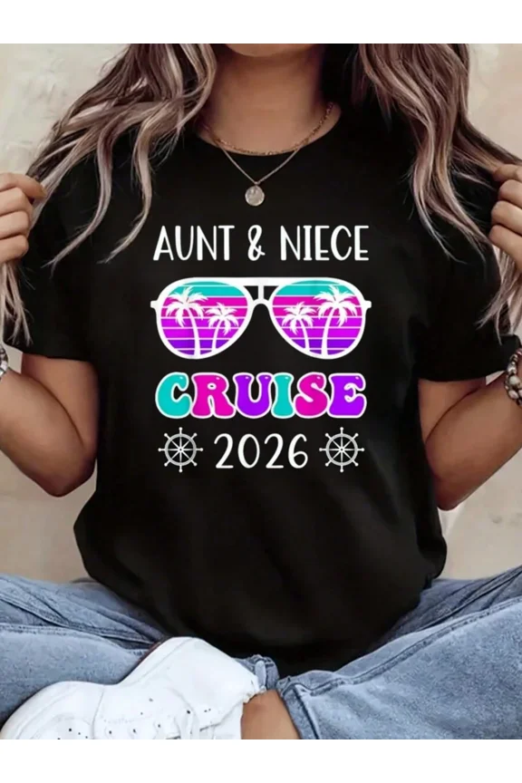 Retro Aunt and Niece Cruise 2026 T-Shirt Tropical Family Vacation Matching Tee Summer Nautical Palm Tree Sunglasses Graphic Top