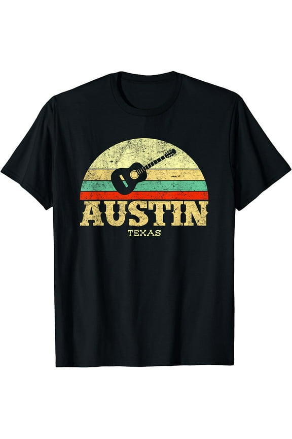 Retro Austin Texas Guitar Shirt Vintage Lone Star State Tee T-Shirt Black Large