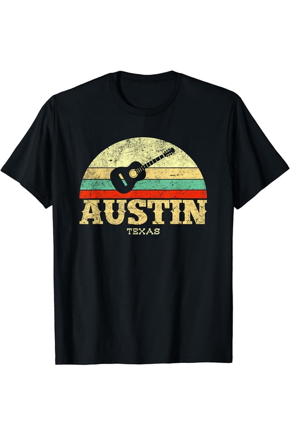 Retro Austin Texas Guitar Shirt Vintage Lone Star State Tee T-Shirt Black Medium
