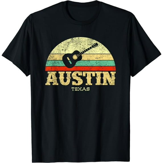 Retro Austin Texas Guitar Shirt Vintage Lone Star State Tee T-Shirt Black Small