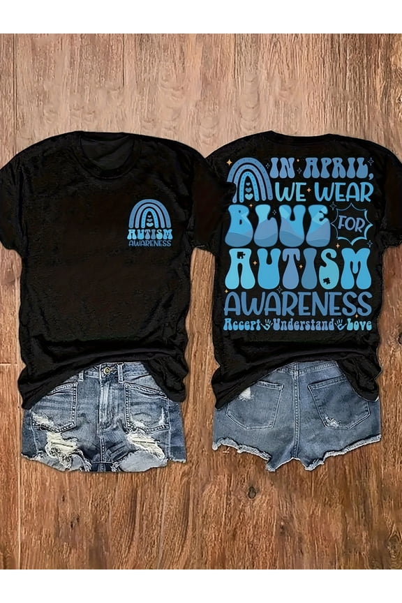 Retro Autism Awareness Shirt Blue Rainbow In April We Wear Blue Graphic T-Shirt Accept Understand Love Groovy Vintage Style Support Apparel For Men Women