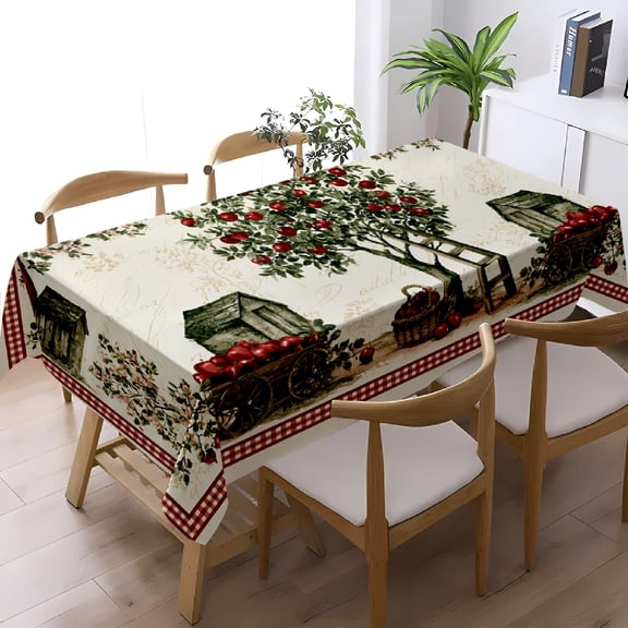 Retro Autumn Apple Orchard Harvest Print Tablecloth, Everyday Family Holiday Indoor Dining Decor, Table Cover, Thanksgiving Christmas Gift
