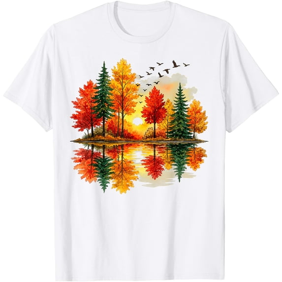 Retro Autumn Fall Leaves Forest Nature Lake Reflection T-Shirt ...