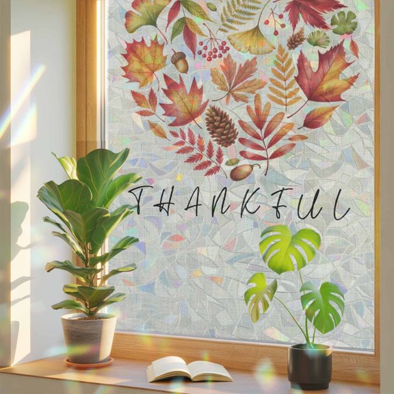 Retro Autumn Maple Leaves Pine Fruit Window Privacy Film, Rainbow Film Decorative Window Sticker 17.7x39.3in, Countryside Almonds Sun Blocking Static Stained Glass Cling Tint Non-Adhesive