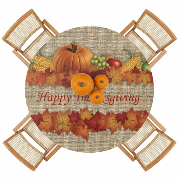 Retro Autumn Pumpkin Corn Round Fitted Tablecloth with Elastic Edge,Waterproof Table Cloth Fits Tables Up to 36"-44",Wipeable Washable Table Cover for Indoor Outdoor Dinning Party,Maple Leaf on Linen