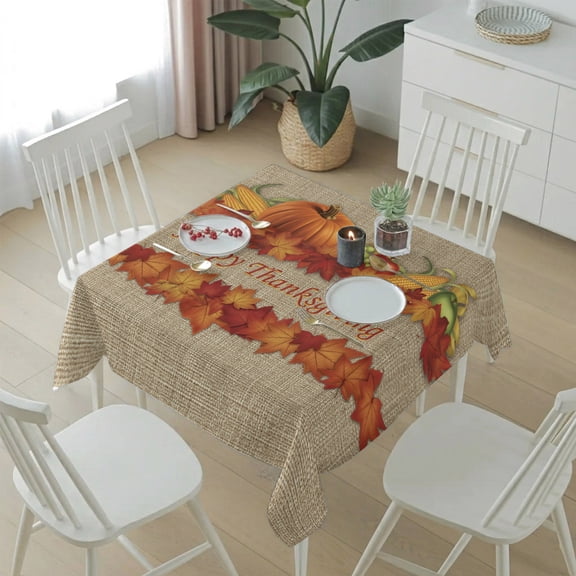 Retro Autumn Pumpkin Corn Table Cloth 54x54in, Waterproof Square Tablecloth Wipeable Tablecloths Maple Leaf on Linen Table Covers for Dining Tables Party Indoor Outdoor