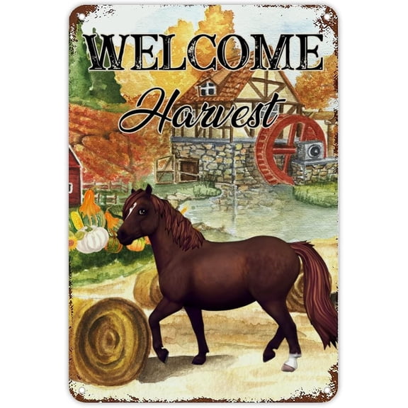 Retro Autumn Thanksgiving Metal Sign Farm Barn Gold Pumkin Horse Metal Sign Welcome Harvest Wall Art Farmhouse Sign Rustic Home Decor for Bedroom Kitchen Cafe Bar Office Garage 12x8 inch