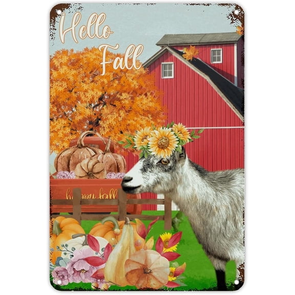 Retro Autumn Thanksgiving Metal Sign Farm Barn Truck Sheep Goat with Sunflower Metal Tin Sign Hello Fall Wall Art Rustic Home Decor for Bedroom Cafe Bar Office Garage 12x8 inch