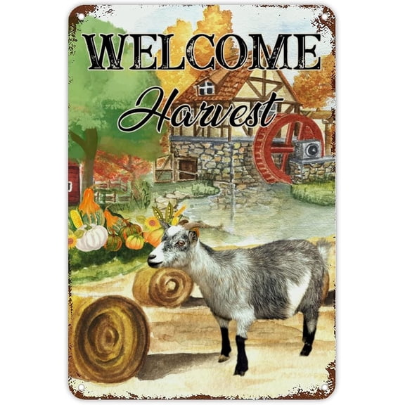 Retro Autumn Thanksgiving Signs Farm Barn Gold Pumkin Sheep Goat Aluminum Metal Sign Welcome Harvest Wall Art Farmhouse Sign Rustic Home Decor for Bedroom Cafe Bar Office Garage 12x8 inch