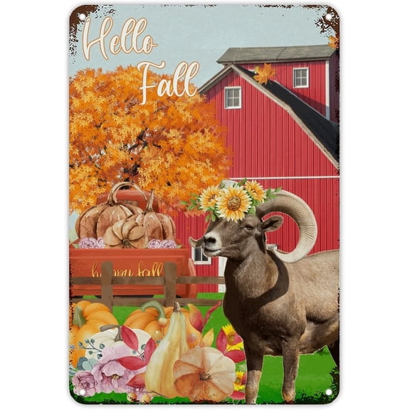 Retro Autumn Thanksgiving Signs Farm Barn Truck Sheep Goat with Sunflower Aluminum Metal Sign Hello Fall Wall Art Farmhouse Sign Rustic Home Decor for Bedroom Living Room Kitchen 12x8 inch