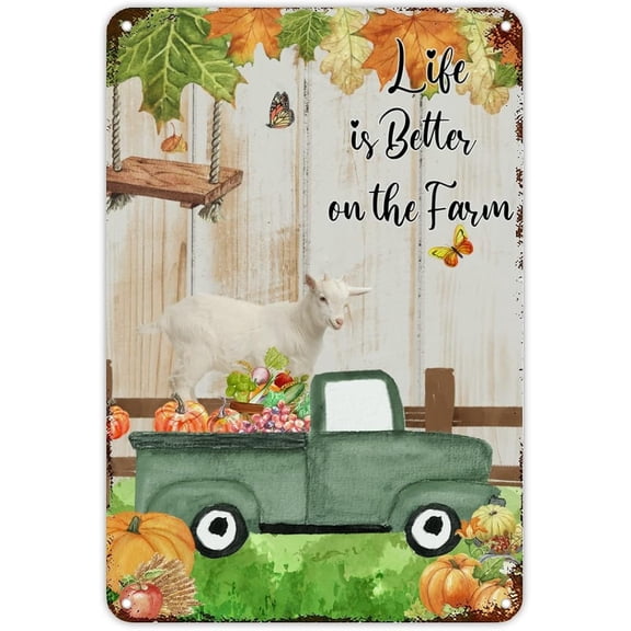 Retro Autumn Thanksgiving Signs Farm Pumpkin Green Truck Sheep Goat Metal Tin Sign Life is Better On The Farm Wall Art Rustic Home Decor for Bedroom Kitchen Cafe Bar Office 12x8 inch
