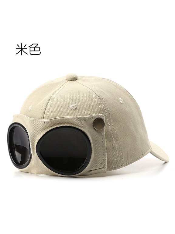 Retro Aviator Pilot Baseball Cap with Detachable Goggles Decor, Cotton Vintage Motorcycle Hat, Adjustable Flight Lens Cap for Men Women Outdoor Cycling Travel