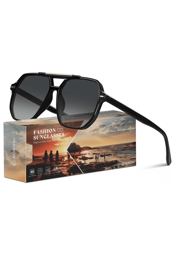 Retro Aviator Sunglasses for Women Men Trendy Square Frame With UV Protection 90s Sun Glasses（Black/Gradient Gray）